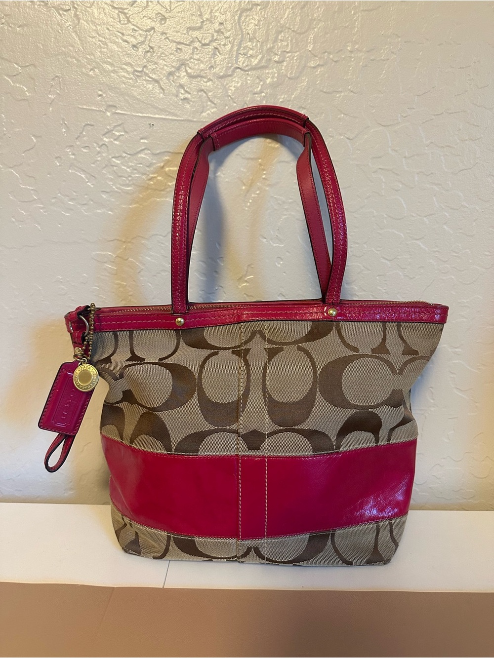 Authentic Vintage Coach Signature Tote with Pink Glossy Leather Trim